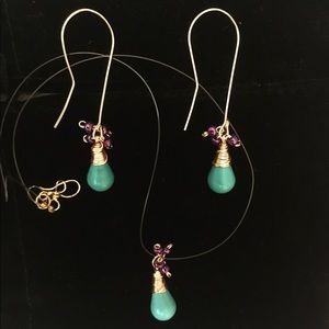 Teardrop Sea Green Gemstone Purple Beads Necklace with Drop Dangle Hook Earrings